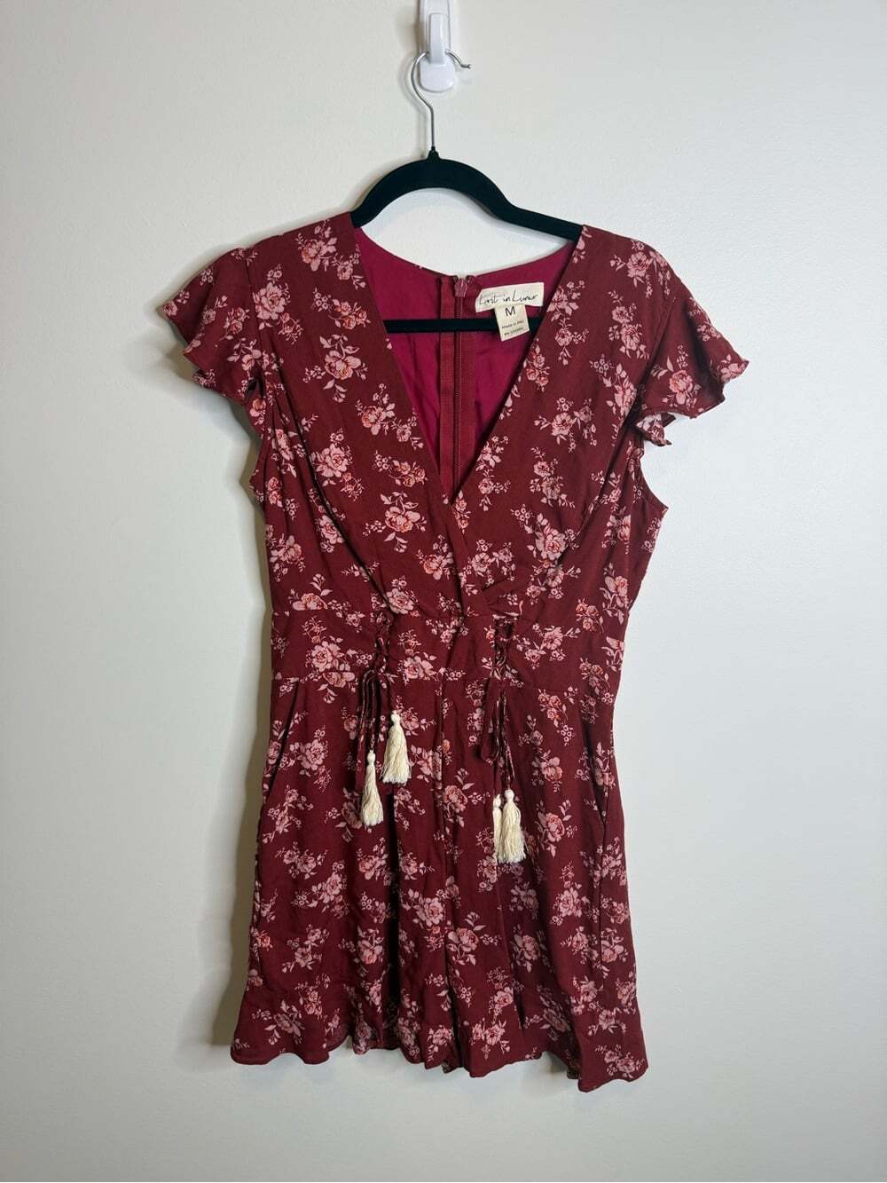 Lost in lunar Floral Romper in red lace up fringe size medium western